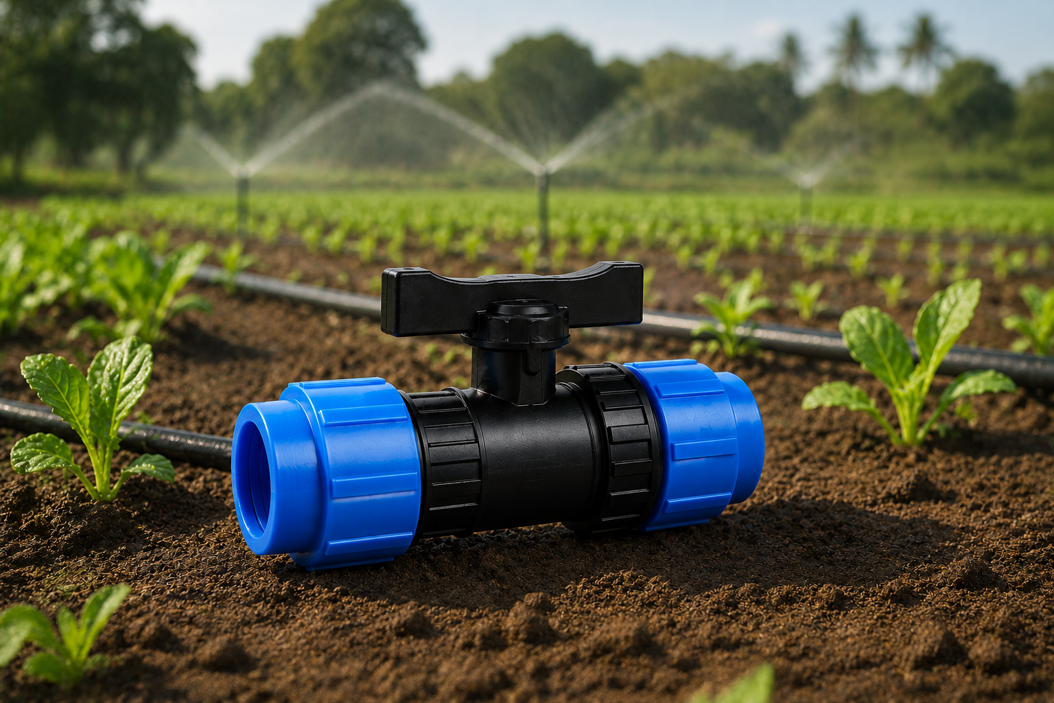 Vanne compression PEHD bleue et noire pour tuyau irrigation